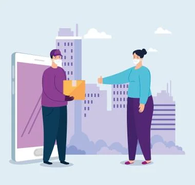 Smartphone and worker using face mask delivering packages イラスト素材