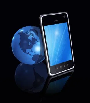 Smartphone And World Globe 3D smartphone, mobile phone and world globe iso... Stock Photos
