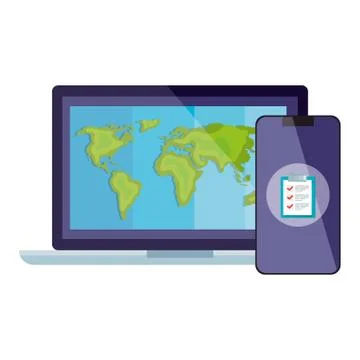 Smartphone and world map inside laptop vector design Stock Illustration
