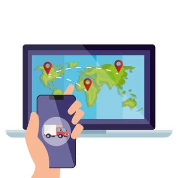 Smartphone and world map inside laptop vector design Stock Illustration