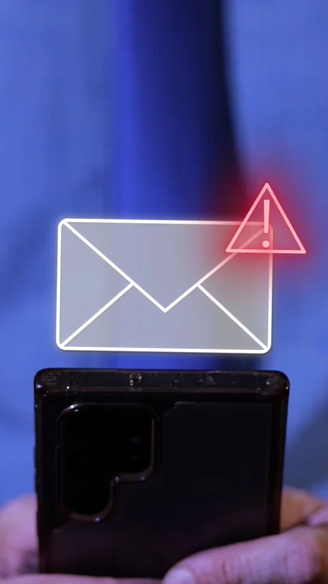 Smartphone with animated warning message graphic. Phishing scam and mobile Stock Footage 330951761
