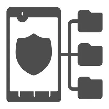 Smartphone with antivirus and folders solid icon, web security concept, Data Illustrazione stock