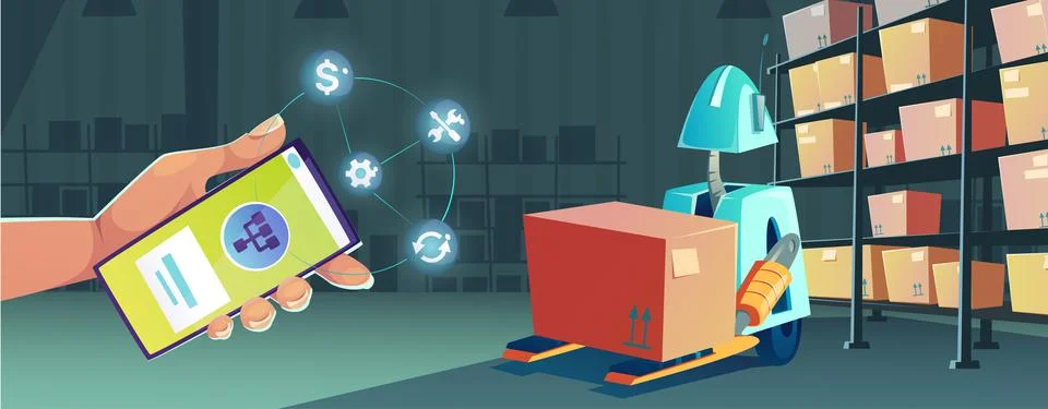 Smartphone app for control robot in warehouse Stock Illustration