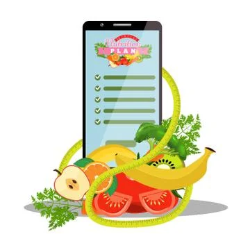 Smartphone with app of diet plan on screen and dietic fruits, vegetables Stock Illustration