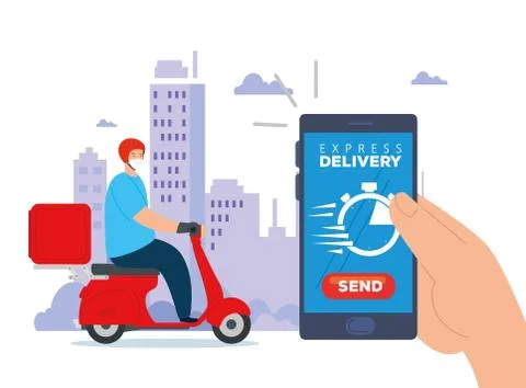 Smartphone with app express delivery and worker using face mask 库存插图