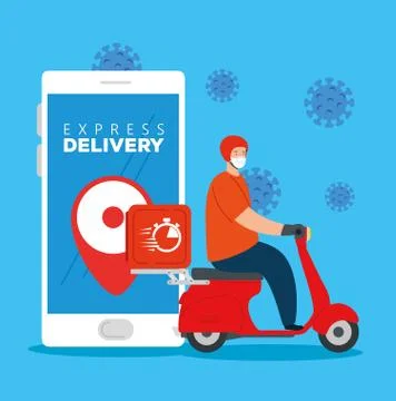 Smartphone with app express delivery and worker using face mask 스톡 일러스트