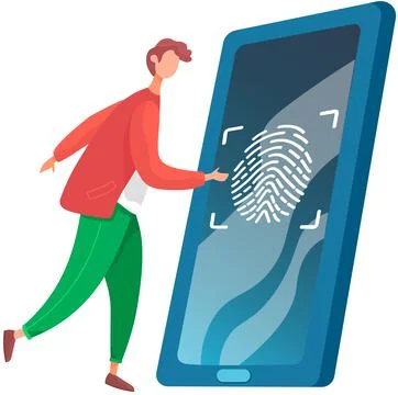 Smartphone app with fingerprint scanner on touch screen. Biometric data security 스톡 일러스트