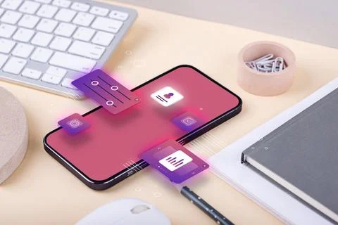 Smartphone with app interface and office supplies on a desk イラスト素材