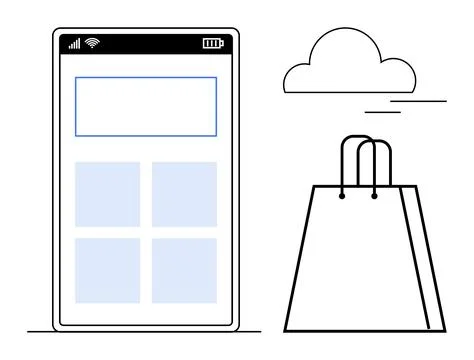 Smartphone with app interface and signal icons next to shopping bag outline a Stock Illustration
