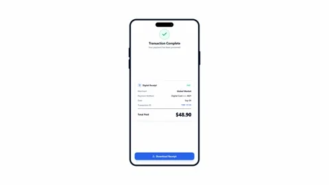 Smartphone app interface showing processing and successful payment receipt. 4K Stock Footage 345495189