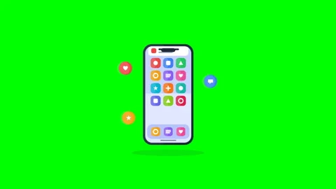 Smartphone app interface with social media icons on green screen Stock Footage 347451847