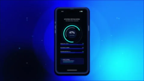 Smartphone app user interface with glowing blue loading progress data analysis Stock Footage 347956624