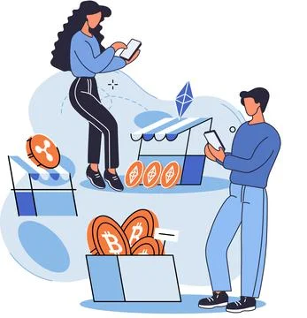 Smartphone app for work in mining of digital currency. People analyze Stock Illustration