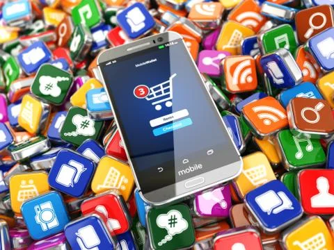 Smartphone apps. Mobile phone on the application software icons background. Stockillustratie
