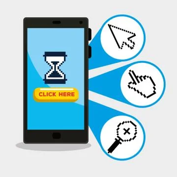 Smartphone with arrow and hand pixel cursor Ilustração Stock