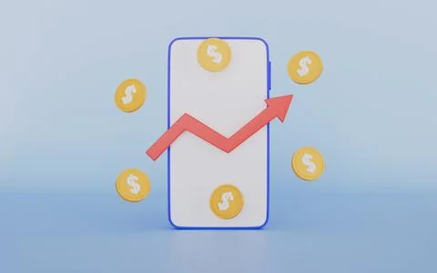 Smartphone with arrow graph, dollar money coins, saving money Stock Illustration