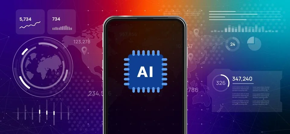 Smartphone with artificial intelligence AI chip icon on screen futuristic Stock Illustration