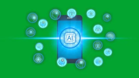 Smartphone with Artificial Intelligence (AI) technology icon over the Network Foto stock