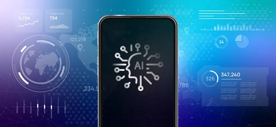 Smartphone with artificial intelligence circuit brain icon on screen Stock Illustration