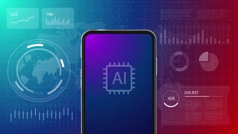 Smartphone with artificial intelligence microchip icon on futuristic Stock Footage 336064909