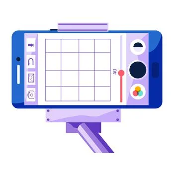 Smartphone is attached to monopod. Flat vector phone with open source video Illustrazione stock