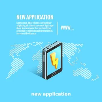 Smartphone on the background of a world map with a golden lightning on the sc 스톡 일러스트