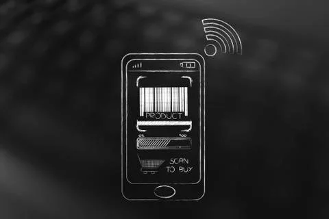 Smartphone with bar code and cart on the screen 스톡 일러스트