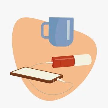 The smartphone is being charged by an external lithium-ion battery. Vector fl Stock Illustration