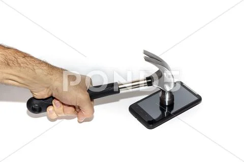 Smartphone Being Hit With A Hammer Stock Photos