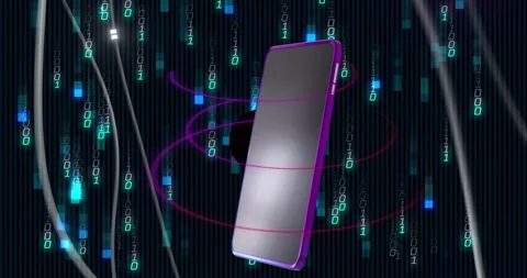 Smartphone with binary code and data processing animation in background Stock Footage 306637043