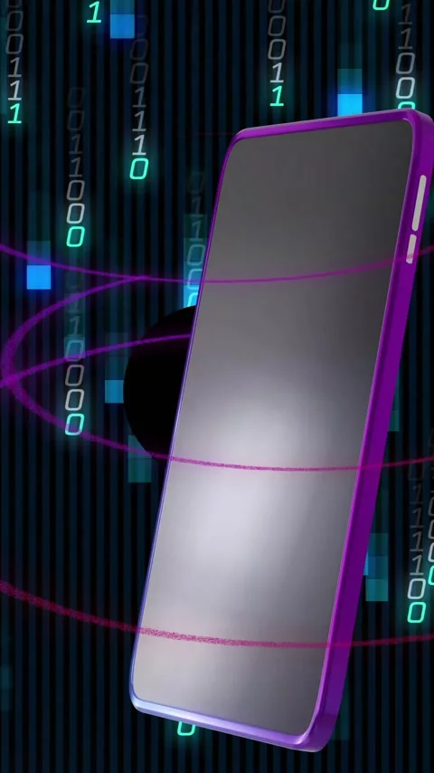 Smartphone with binary code and data processing animation in background Stock Footage 343091750