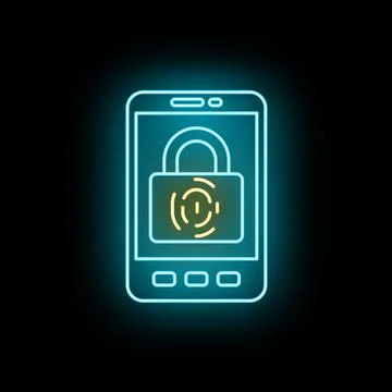 Smartphone biometric security app with fingerprint authentication neon Stock Illustration