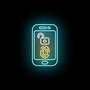 Smartphone biometric unlocking using fingerprint scan neon icon Stock Illustration