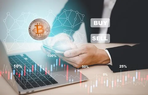 Smartphone with Bitcoin chart on-screen among piles of Bitcoin concept. busin Stock Photos