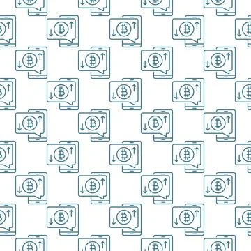 Smartphone with Bitcoin sign vector Crypto Phone outline seamless pattern 스톡 일러스트