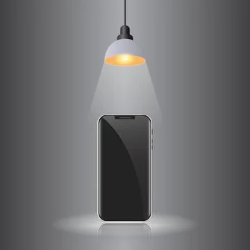 Smartphone black on gray background with hanging lighting lamp great room s.. Stock Illustration