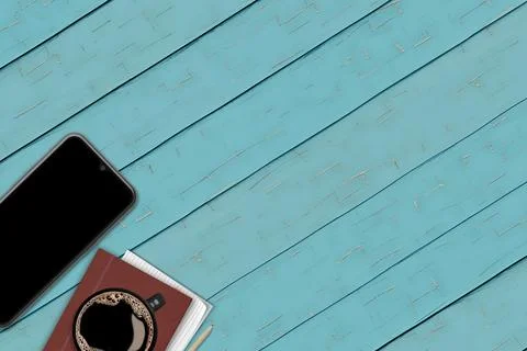 Smartphone with a black screen, top view, against the background of a blue wood Stock Illustration