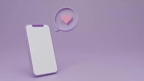 Smartphone blank display with notification pink heart on purple background.Co Illustrazione stock
