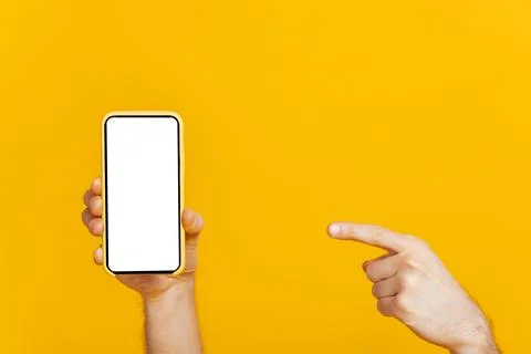 Smartphone blank empty space copy male hand Stock-Fotos