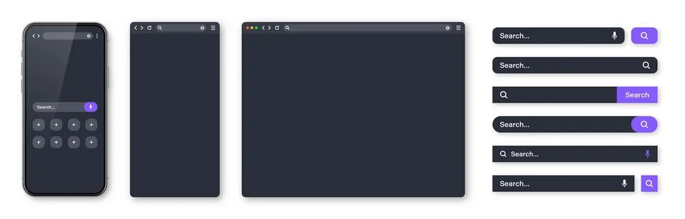 Smartphone, blank internet browser window and search bar templates, dark mode Illustrazione stock