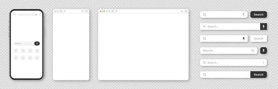 Smartphone, blank internet browser window with various search bar templates. Web 스톡 일러스트