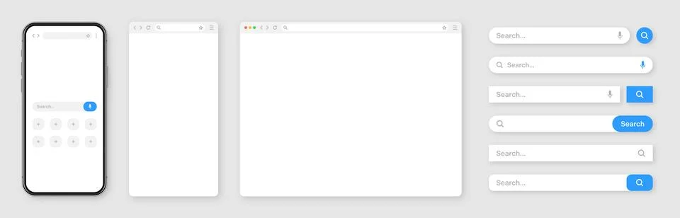 Smartphone, blank internet browser window with various search bar templates. Web Illustrazione stock