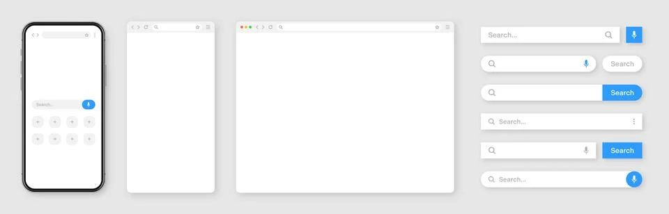Smartphone, blank internet browser window with various search bar templates. Web 스톡 일러스트