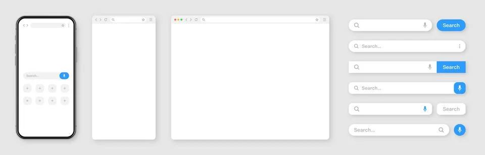 Smartphone, blank internet browser window with various search bar templates. Web Illustrazione stock