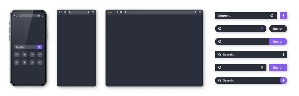 Smartphone, blank internet browser window and search bar templates, dark mode Illustrazione stock