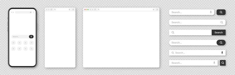 Smartphone, blank internet browser window with various search bar templates. Web 스톡 일러스트