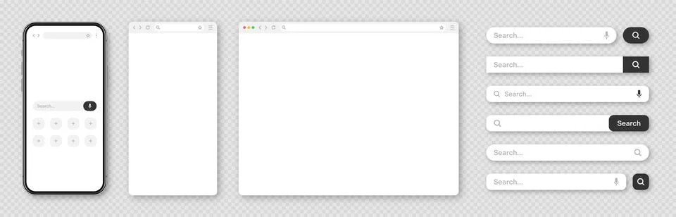 Smartphone, blank internet browser window with various search bar templates. Web Illustrazione stock