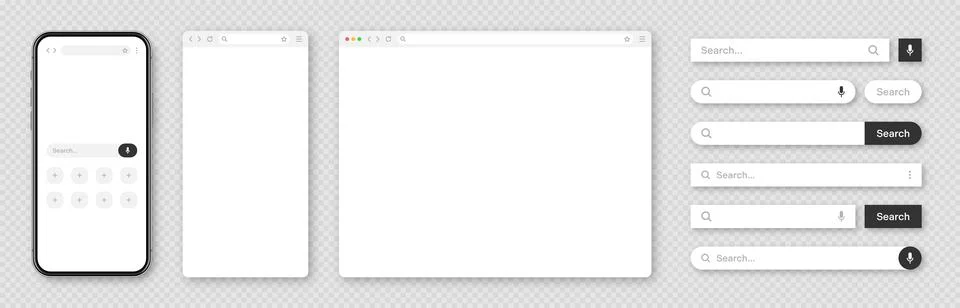 Smartphone, blank internet browser window with various search bar templates. Web 스톡 일러스트