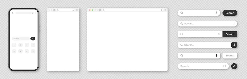 Smartphone, blank internet browser window with various search bar templates. Web 스톡 일러스트
