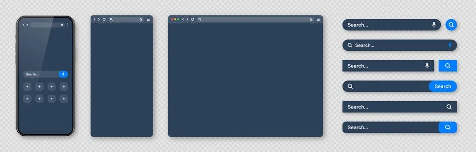 Smartphone, blank internet browser window and search bar templates, dark mode Illustrazione stock